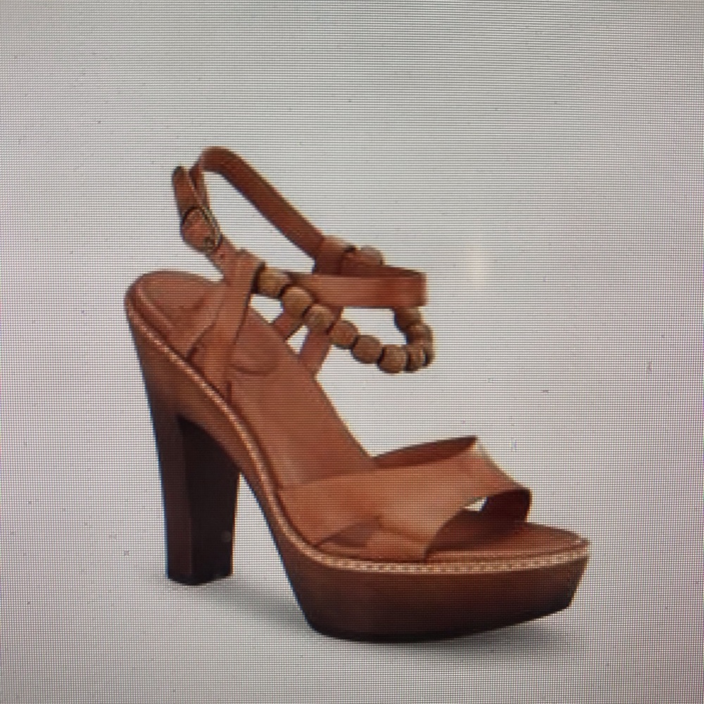 UGG tan nude leather peep toe retro heels wooden platform bead anklet - Picture 1 of 6